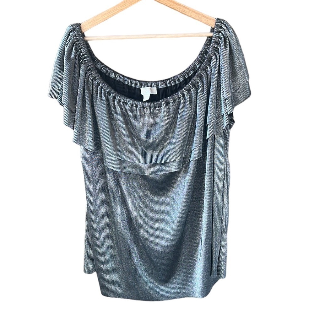 MICHAEL Michael Kors 3X Metallic Micropleated Off Shoulder Blouse Top Charcoal